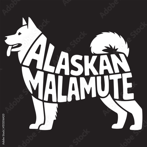 Alaskan Malamute Dog illustration Vector, Dog Breed Typography Silhouette Design, Dog silhouette with text Name inside Clipart
