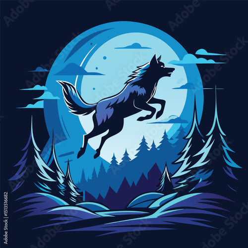 A fierce lone wolf mid-leap under a full moon, chasing a deer through a dense pine forest