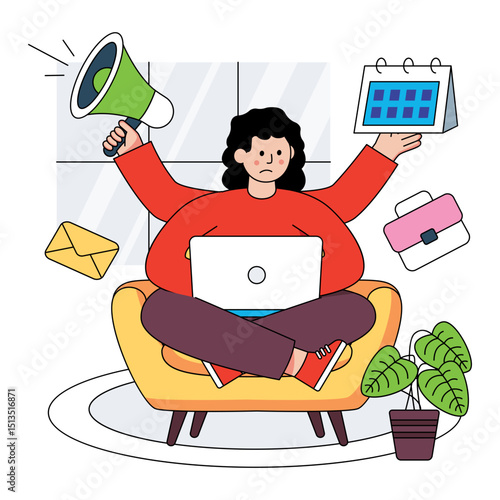 A creative design illustration of multitasking business woman 