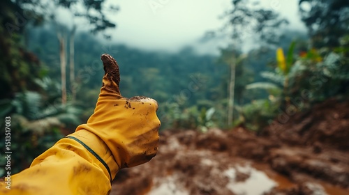 Fototapeta Naklejka Na Ścianę i Meble -  Muddied Thumbs Up in Lush Rainforest Landscape