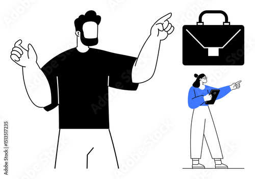 Two individuals pointing and strategizing collaboratively with a large briefcase icon above. Ideal for teamwork, leadership, planning, corporate strategy, business goal setting, career growth, simple