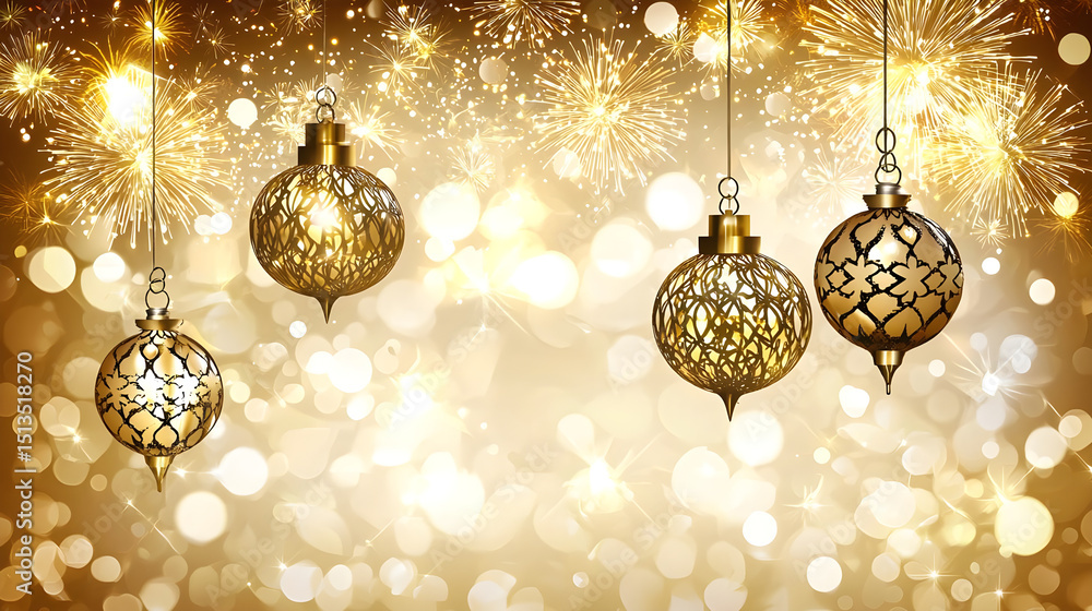 Elegant Golden Christmas Ornaments with Sparkling Background Elegant Golden Christmas Ornaments with Sparkling Background