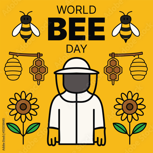 Cute World Bee Day Illustration, A charming and playful vector illustration for World Bee Day, featuring smiling bees, flowers, and honey elements. Ideal for kids' education, posters, and eco-awarenes
