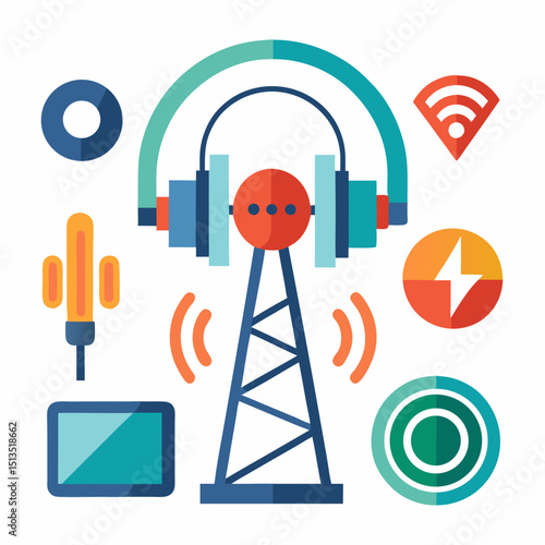 National Radio Day vector illustration, vintage radio, broadcasting, sound waves, microphone icon set