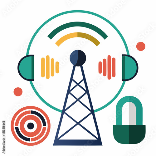 National Radio Day vector illustration, vintage radio, broadcasting, sound waves, microphone icon set