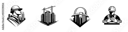 Construction worker vector icons representing different aspects of the building industry in black design style
