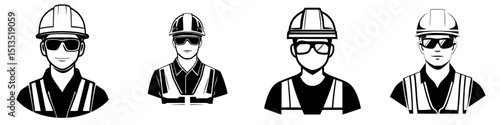 Illustration of multiple construction worker icons wearing helmets and safety glasses representing various construction roles and responsibilities