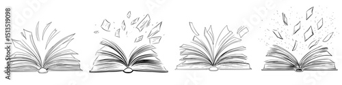 Dynamic black vector icon illustrating the transformation of books into particles over four distinct stages in a minimalist style