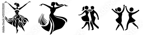 Stylized black vector icons representing various dance forms in a lively and expressive manner