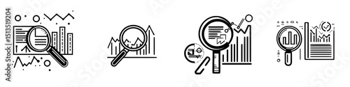 Vector icons representing data analysis and research, showcasing magnifying glasses over charts and graphs