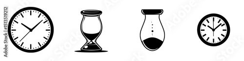 Various black vector icons representing time, including clocks and hourglasses, suitable for design and illustration purposes