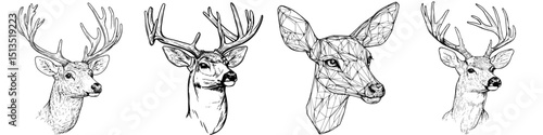 Stylized black vector icons of various deer head profiles showcasing different artistic styles and geometric designs