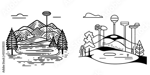 Vector illustration of mountainous landscape features with unique structures in natural setting