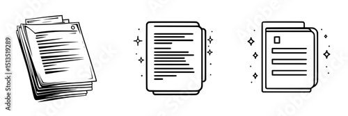 Vector icons representing stacks of paper, organized documents, and textual pages for digital use in business or creative projects