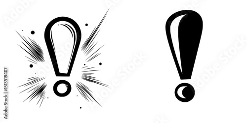 Stylized black vector icon representing exclamation marks with dynamic effects showcasing urgency and emphasis