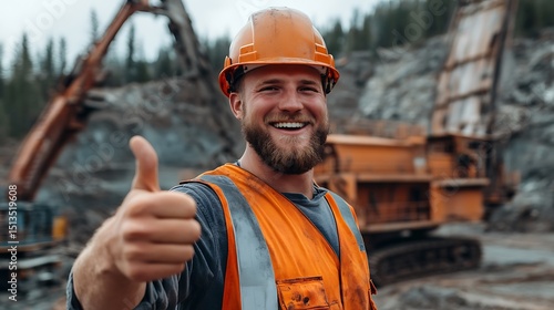 Happy Construction Worker Giving Thumbs Up at Mine Site
