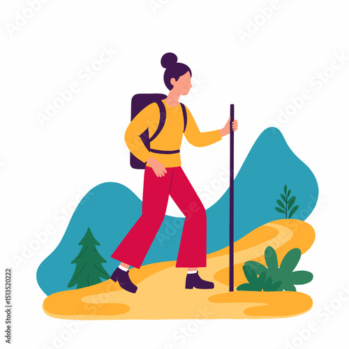 Young woman hiking on a trail with backpack in a green landscape  