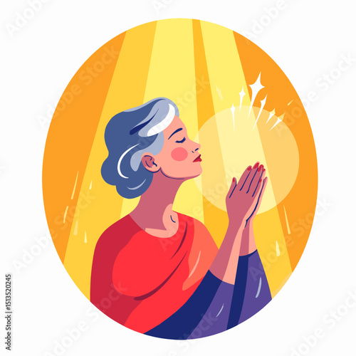 Elderly woman praying with closed eyes in warm light background  