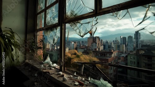 View of a distant cityscape through broken glass of an old damaged decaying abandoned window in an aged room interior of a destroyed building