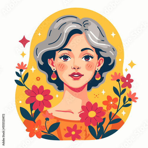 Young woman with short gray hair surrounded by colorful flowers  