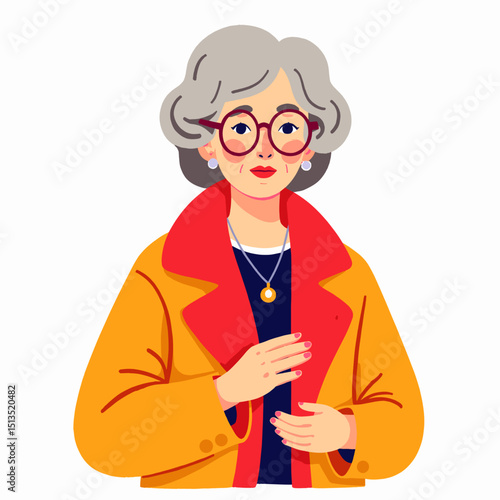 Elderly woman smiling and wearing glasses with a colorful coat  
