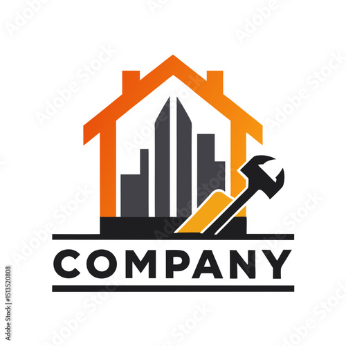 Home repair logo showing building with a wrench tool