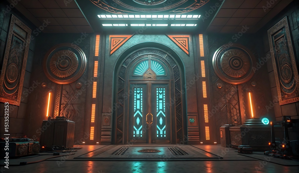 Fototapeta premium Futuristic Temple Interior with Glowing Door and Ornate Decorations Featuring a Cyberpunk Aesthetic and Ancient Architectural Elements for a Sci Fi Fantasy Setting