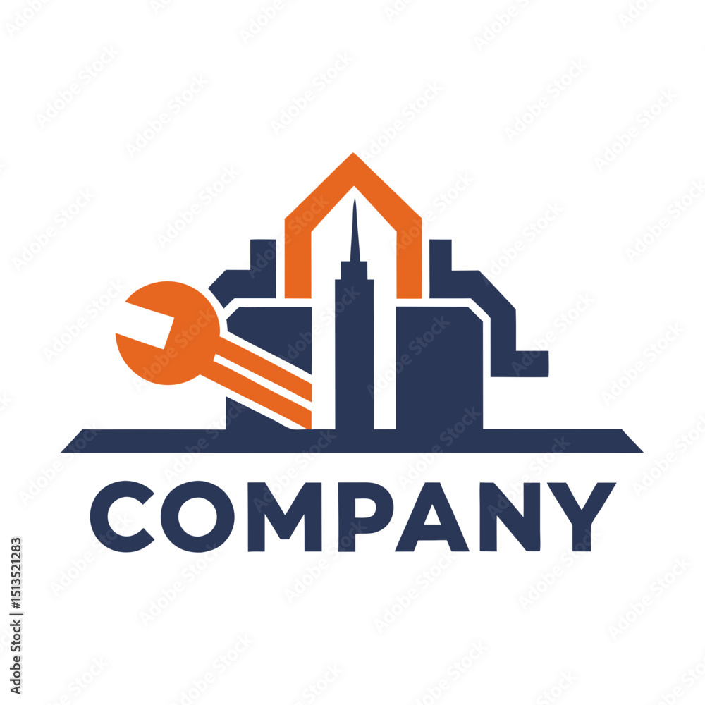 Fototapeta premium Real estate maintenance company logo design with building and wrench