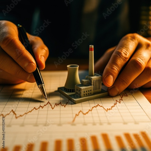 Pointing at nuclear power plant model on investment chart during energy sector planning