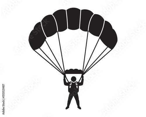skydiver with an open parachute black silhouette vector, Simple silhouette Design vector icon with white background.