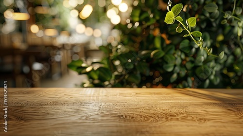 Empty wooden table with blurred restaurant interior and green plants in the background