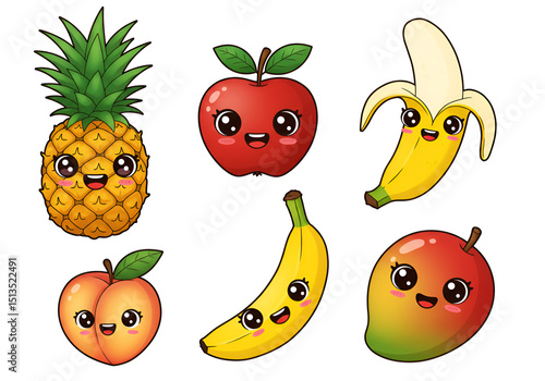Wallpaper Mural Cute Kawaii Fruits Pineapple, Apple, Bananas Torontodigital.ca