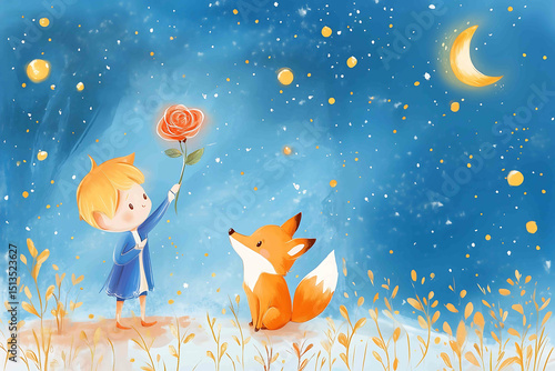 cute blonde le petit prince with rose and fox handrawn style