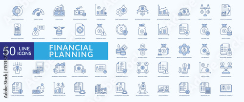 Financial planning icon collection set with asset allocation, credit score, capital gain, equity investment