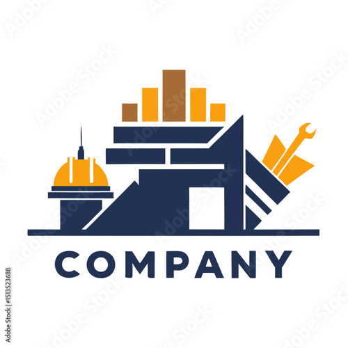 Construction company logo design with buildings and tools icon