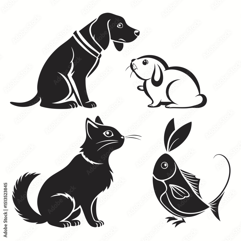 Obraz premium Black and white pet silhouettes dog cat rabbit fish