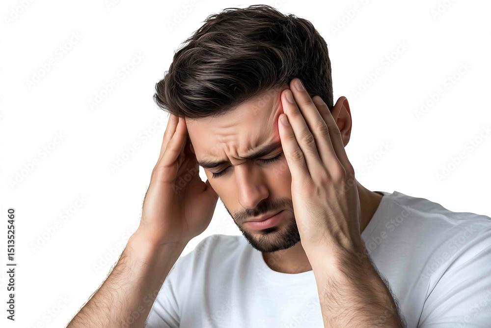 Man with head pain isolated on a white background with the area of ache in his forehead highlighted in red stock photo highresolution photography Man with head pain isolated on a white background with the area of ache in his forehead highlighted in red stock photo highresolution photography