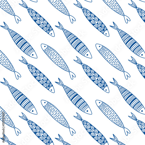 Line Fish set with pattern illustrations. Seamless Pattern. Sea Background. Vector. Sardines, sea fish. Blue color, Scandinavian, Folk