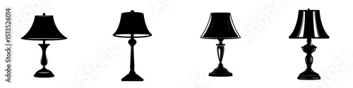 Decorative black vector icons of various table lamps showcasing different styles and designs for modern home decor