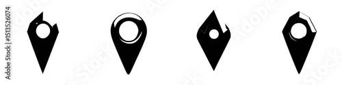 Collection of black vector icons representing location markers for maps and navigation tools widely used in digital applications