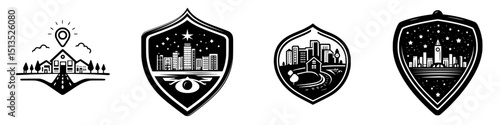 Modern black vector icons representing urban landscapes, landmarks, and scenic locations in an artistic style