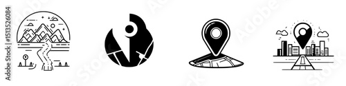 Vector icons depicting location markers, exploration themes, and map elements with a minimalist design style