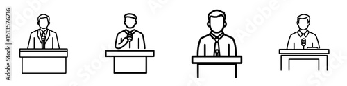 Silhouetted black vector icons of men standing at podiums giving speeches in various formal attire