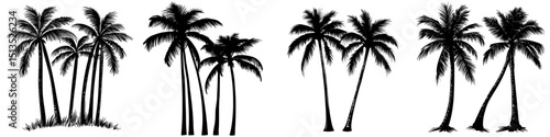 Black vector icons of palm trees standing tall in different arrangements suitable for tropical-themed designs