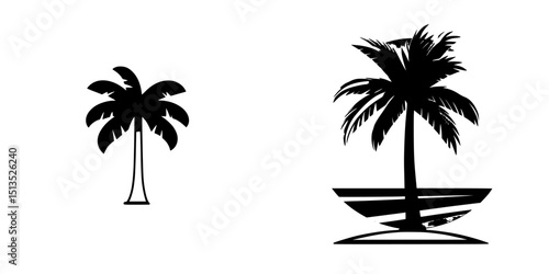 Black vector icons depicting palm trees in different styles suitable for tropical and beach-themed designs