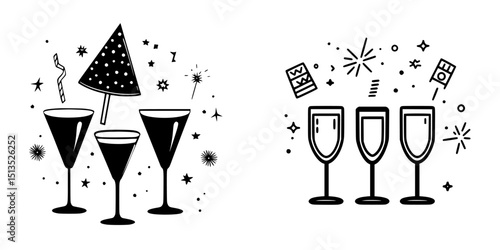 Celebratory vector icon with drinks, party decorations, and festive elements for events and gatherings