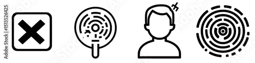 Black vector icons representing stop signal, fingerprint scan, user silhouette, and circular maze design for various identification purposes