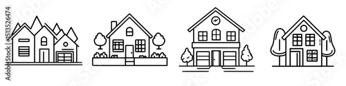 Collection of black vector icons depicting different house designs set against a minimalistic background