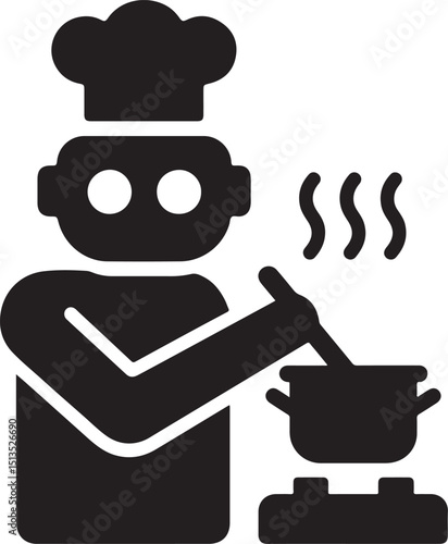 Silhouette of a robot chef cooking in EPS vector format. Perfect for AI culinary, robotic cooking, kitchen automation, and futuristic food tech.