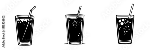 Black vector icon set showcasing three different glass designs with beverages and straws for creative projects
